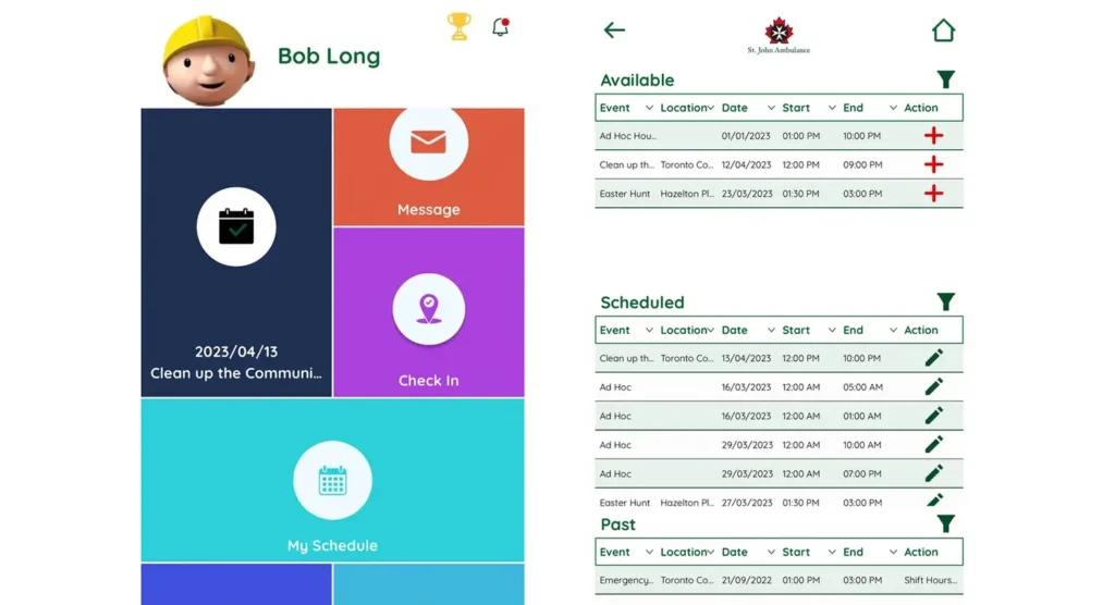 Mobile app interface showing user Bob Long's schedule, messages, check-in, and available events with St. John Ambulance branding