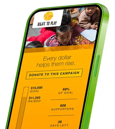 Screenshot of a smartphone displaying a "Right to Play" donation campaign with fundraising progress