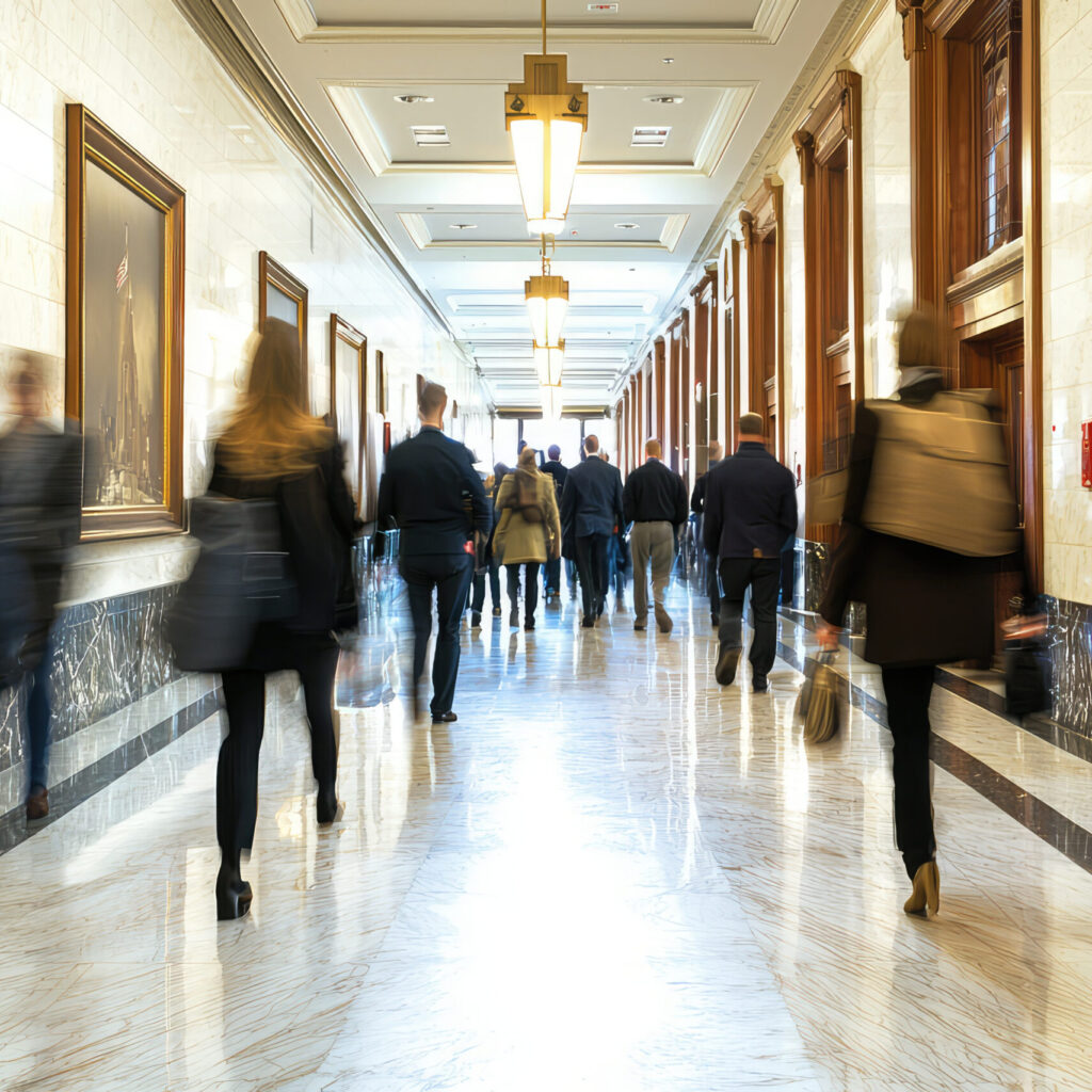 Blurred motion view of people walking down a long, marble-floored hallway with ornate lighting fixtures and framed artwork on the walls