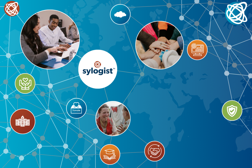 Sylogist logo with icons representing education, donation, collaboration, security, and technology