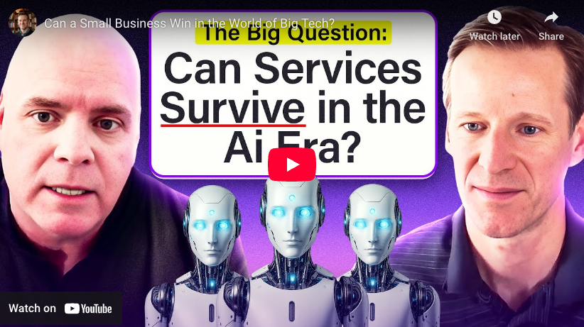 Thumbnail for a video discussing "Can Services Survive in the AI Era?" featuring two men and three robots